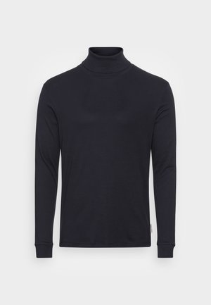 Maglia a collo alto a maniche lunghe in tessuto blu navy scuro. Presenta un design aderente con colletto alto e polsini a costine. Tessuto liscio, senza motivi visibili.