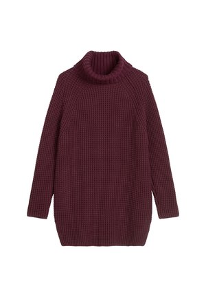 Bordeaux gebreide trui met een dikke col, geribbelde textuur en lange mouwen; heeft een losse, iets oversized pasvorm.