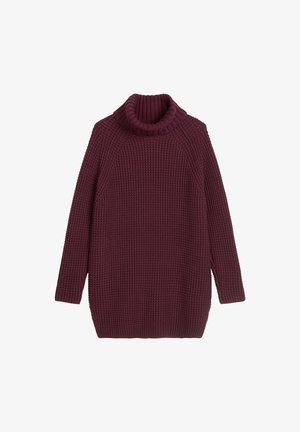 Bordeaux gebreide trui met een dikke col, geribbelde textuur en lange mouwen; heeft een losse, iets oversized pasvorm.