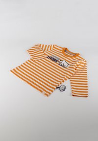 Langärmliges Shirt mit orange-weißem Streifenmuster und Rundhalsausschnitt, das ein Bärengrafik und den Text "COOL LIVING" auf der Vorderseite zeigt.