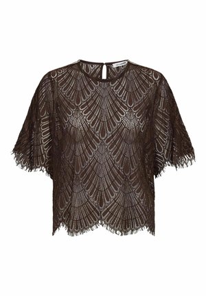 Tamsiai ruda nėrinių palaidinė su išlenktais kraštais, trumpomis rankovėmis ir sudėtingu geometriniu, vėduoklės formos raštu, su sagos užsegimu atvartėlyje nugarinėje pusėje.