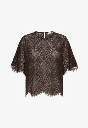 Ciemnobrązowa koronkowa bluzka z falowanymi krawędziami, krótkimi rękawami i misternym geometrycznym wzorem przypominającym wachlarz, zapięciem na guziki z tyłu przy otworze.