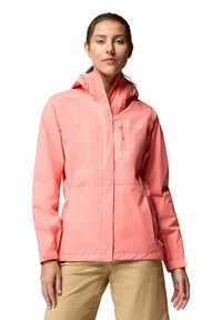 Giacca impermeabile rosa con cappuccio, tasca sul petto con zip, polsini regolabili e vestibilità comoda. Realizzata in materiale leggero e resistente.