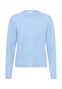 Svetlo modri pleteni pulover z okroglo izrezom, dolgimi rokavi in ribanim robom. Mehka tekstura, preprost dizajn in brez okrasnih elementov.