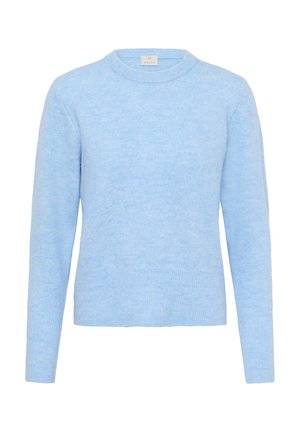 Világoskék kötött pulóver kerek nyakkivágással, hosszú ujjakkal és bordázott aljjal. Puha tapintású, egyszerű dizájn, díszítések nélkül.