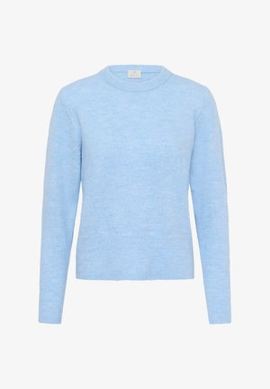 Šviesiai mėlynas megztinis su apvalia iškirpte, ilgomis rankovėmis ir raukšlėta apatine dalimi. Minkšta tekstūra, paprastas dizainas, be puošmenų.