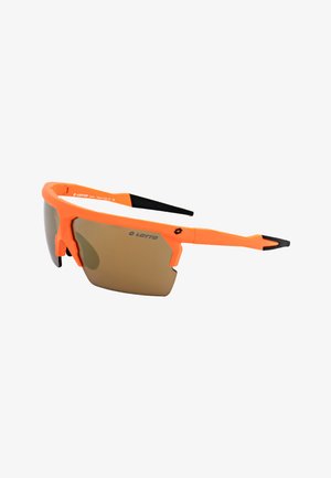 Occhiali da sole sportivi Lotto arancioni con lenti marroni specchiate e terminali neri, dal design avvolgente per uso sportivo.