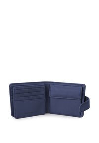 Navy blue leather wallet with multiple card slots, a bill compartment, and a snap closure. Features a subtle embossed logo detail.