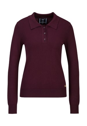 Pull polo à manches longues pour femmes, couleur bordeaux foncé, avec trois boutons et poignets et ourlet côtelés, texture tricot simple.