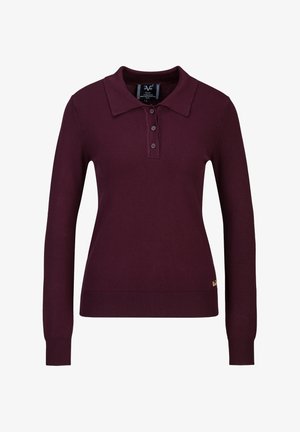 Dames lange mouw donker bordeaux polo sweater met drie knopen en geribbelde manchetten en zoom, eenvoudige gebreide textuur.