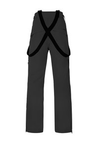 Schwarze Outdoor-Hosen mit verstellbaren X-förmigen Trägern, mehreren Reißverschlusstaschen und Reißverschlüssen an den Knöcheln. Hergestellt aus wasserdichtem Material.
