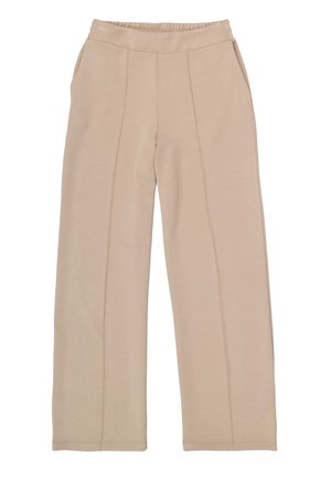 Pantalon large beige avec une taille élastique, des poches latérales et des accents de couture verticale. Fabriqué en tissu doux et lisse.