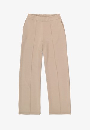 Beige weite Hose mit elastischem Bund, Seitentaschen und vertikalen Nahtakzenten. Hergestellt aus weichem, glattem Stoff.