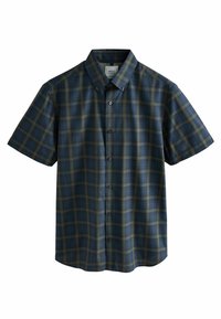 Krátky rukáv, košeľa na gombíky tmavomodrej farby s mriežkovým vzorom v zelenej a svetlomodrej farbe. Disponuje golierom s gombíkom a prednou légou.