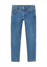 Blå denimjeans med fem fickor, knäppning framtill och rak ben-design. Tyget har en slät yta med subtila sömnadsdetaljer.