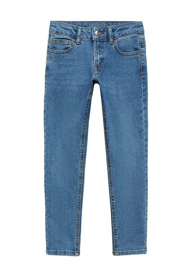 Blå denimjeans med fem fickor, knäppning framtill och rak ben-design. Tyget har en slät yta med subtila sömnadsdetaljer.