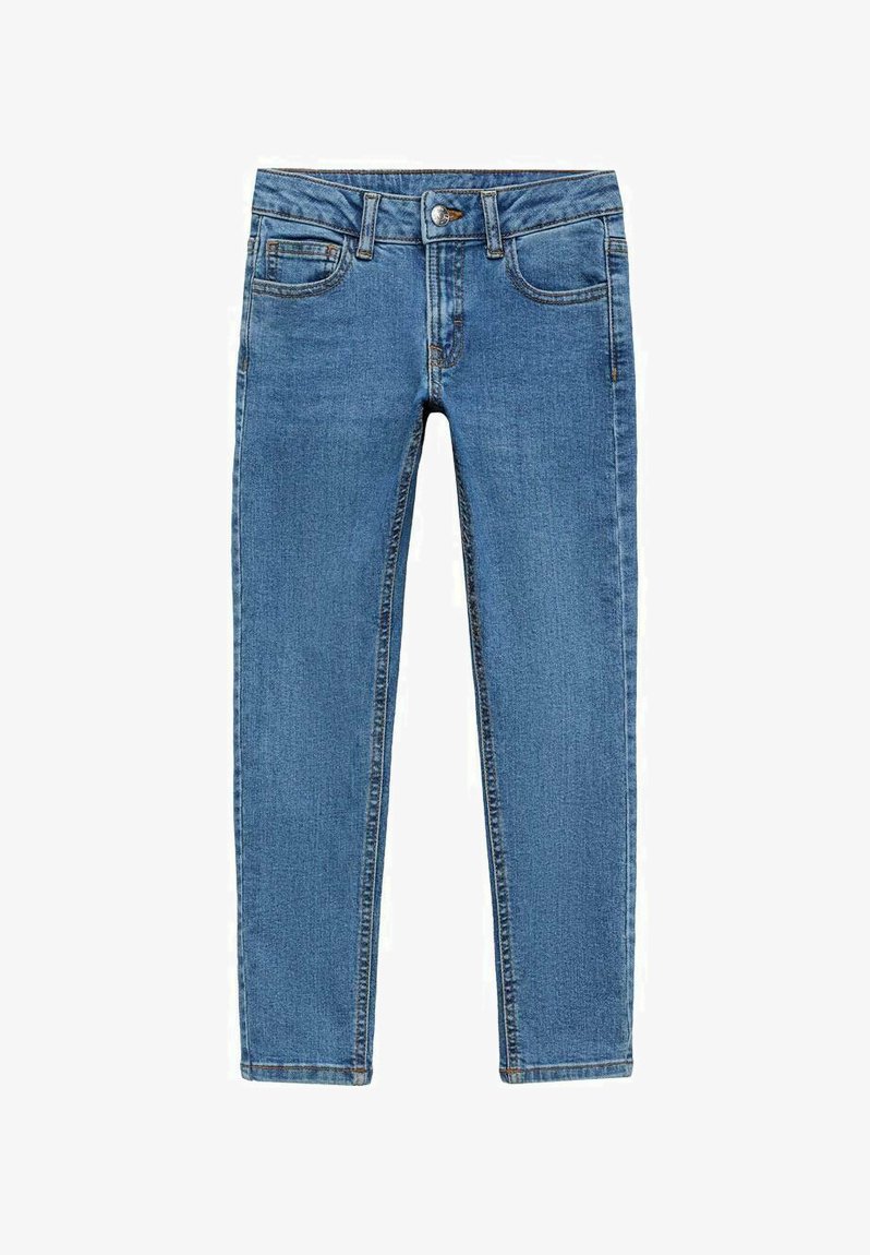 Modre jeans hromadna z petimi žepi, sprednjim gumbom in ravnim krojem. Tkanina ima gladko teksturo z diskretnimi šivi.