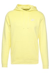 Žlutá mikina s kapucí vyrobená z bavlněné směsi, s přední kapsou, stahovací kapucí a bílým logem Nike na hrudi.