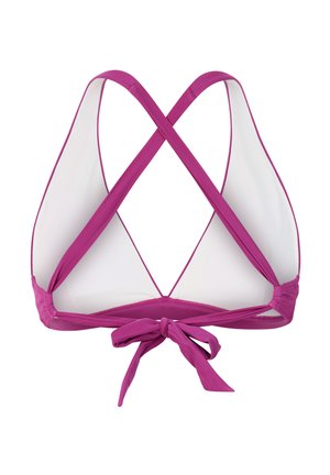 Haut de bikini violet avec bretelles croisées et un nœud noué à l'arrière, montrant une doublure intérieure blanche.