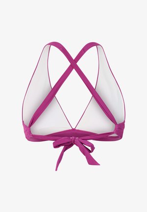 Paarse bikini top met kruisvormige bandjes en een gestrikte strik aan de achterkant, met een witte binnenvoering zichtbaar.