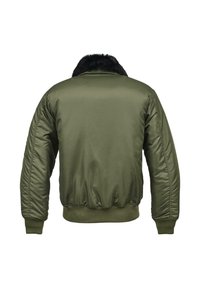 Alyvinės žalios spalvos bombonešio stiliaus striukė su juoda dirbtinio kailio apykakle, megztomis rankogaliais ir apačia. Turi lygią, šiek tiek blizgią tekstūrą.