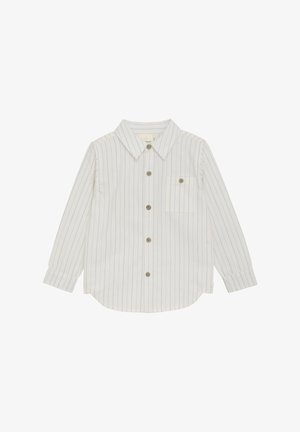 Biała koszula na długi rękaw na guziki z cienkimi pionowymi szarymi paskami i pojedynczą kieszenią na piersi z guzikiem.