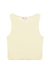 Lichtgele mouwloze crop top gemaakt van zachte stof. Heeft een ronde halslijn en een nette afwerking, met een label aan de achterkant.
