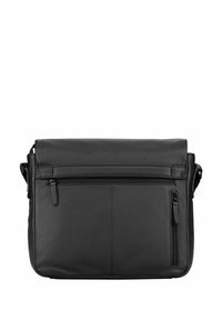 Sac messenger en cuir noir avec une finition texturée, doté d'un rabat supérieur, d'une sangle d'épaule réglable et de deux poches zippées à l'avant.