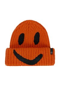 Beanie arancione lavorato a maglia caratterizzato da un design con faccina sorridente nera. Texture a coste e risvolto piegato, con un piccolo etichetta logo sul lato.