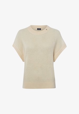 Beige gebreide korte mouwen trui met geribde ronde hals, mouwen en zoom, met een klein geborduurd detail vlakbij de halslijn.