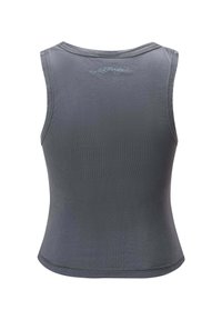 Gray sleeveless tank top with a fitted design, soft texture, rounded neckline, and subtle embroidered detail on the back.