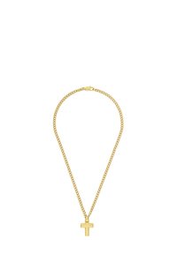 Collana in metallo dorato con pendente a croce liscia, anelli rotondi e chiusura sicura, progettata per un'estetica minimalista.