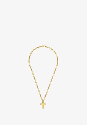 Collar de cadena en tono dorado que presenta un colgante de cruz liso, eslabones redondos y un cierre seguro, diseñado para una estética minimalista.