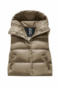 Gilet imbottito in marrone chiaro, con cappuccio, chiusura zip e tasche laterali. Il tessuto ha una texture liscia e lucida con sezioni imbottite.