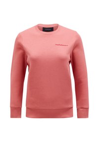 Różowy sweter z ryżowym kołnierzykiem, długimi rękawami i dopasowanym paskiem w talii. Posiada małe czerwone logo na piersi. Wykonany z miękkiego materiału bawełnianego.