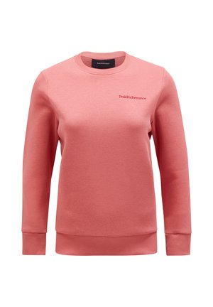 Różowy sweter z ryżowym kołnierzykiem, długimi rękawami i dopasowanym paskiem w talii. Posiada małe czerwone logo na piersi. Wykonany z miękkiego materiału bawełnianego.
