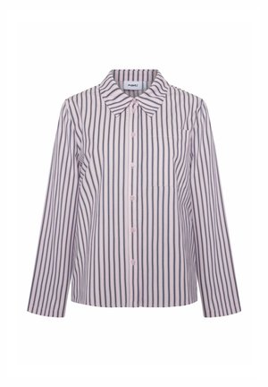 Hosszú ujjú ing rózsaszín és sötétkék függőleges csíkokkal. Gallérral, gombos elülső résszel és egyetlen mellzsebbe. Könnyű anyagból készült.