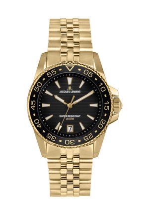 Reloj de pulsera de metal con tono dorado, esfera negra, marcadores de horas dorados, bisel giratorio, ventana de fecha a las 6 y resistencia al agua hasta 20 ATM.