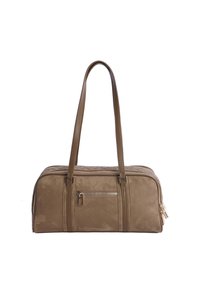 Bolso de ante color caqui con dos asas largas, un bolsillo frontal con cremallera, cremalleras dobles en la parte superior y detalles con doble costura en el cuerpo.