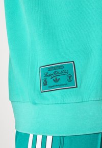 Φούτερ σε μέντα πράσινο χρώμα με ριμπ μανσέτες, ορθογώνια ετικέτα με μαύρο κείμενο και λογότυπα και υφασμάτινη υφή σχεδίου.