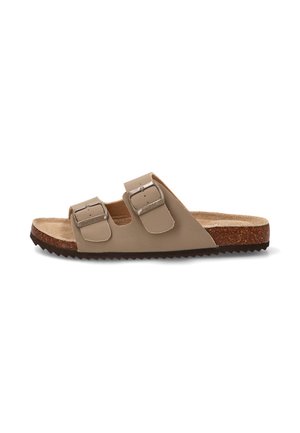 Sandalia beige de punta abierta con dos hebillas ajustables, plantilla de corcho y suela negra texturizada.