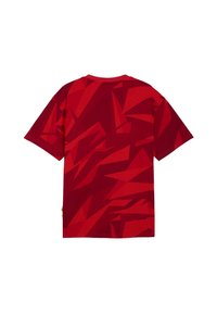 Rode t-shirt met een geometrisch patroon in verschillende tinten rood. Katoenen materiaal, korte mouwen, ronde hals, ontspannen pasvorm.