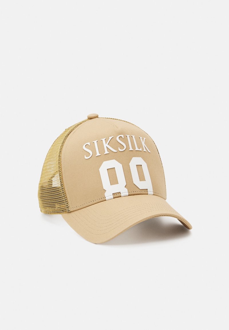 Casquette de baseball beige avec dos en mesh, visière courbée et texte blanc "SIKSILK 89" sur le panneau avant.