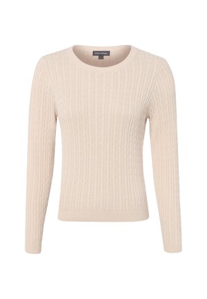 Pull beige à manches longues en maille torsadée, col rond, poignets et bas côtelés, vue de face sur fond blanc.