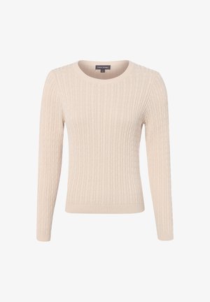 Pull beige à manches longues en maille torsadée, col rond, poignets et bas côtelés, vue de face sur fond blanc.