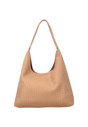 Beige vævet læder skuldertaske med en enkelt rem og en blød, slap trekantet form.