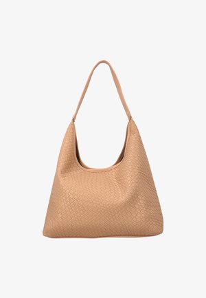 Beige geweven leren schoudertas met een enkele band en een zachte, nonchalante driehoekige vorm.