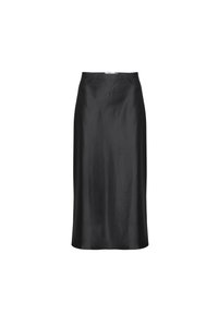 Musta satiinimidi-hame, jossa on sileä pinta, suora siluetti ja vyötärönauha. Polven keskikohtaan ulottuva pituus ilman näkyviä kuvioita tai koristeluita.