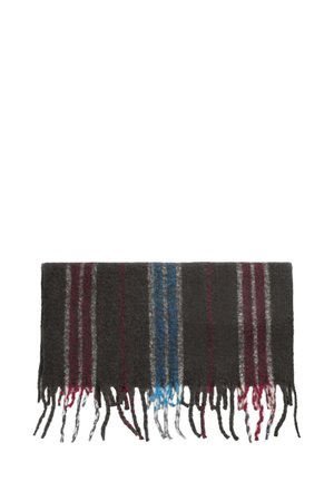 Bufanda de lana en gris oscuro con rayas rojas, azules y blancas. Presenta bordes con flecos y un acabado suave y texturizado.