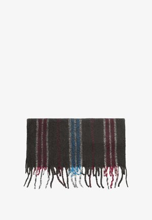 Bufanda de lana en gris oscuro con rayas rojas, azules y blancas. Presenta bordes con flecos y un acabado suave y texturizado.